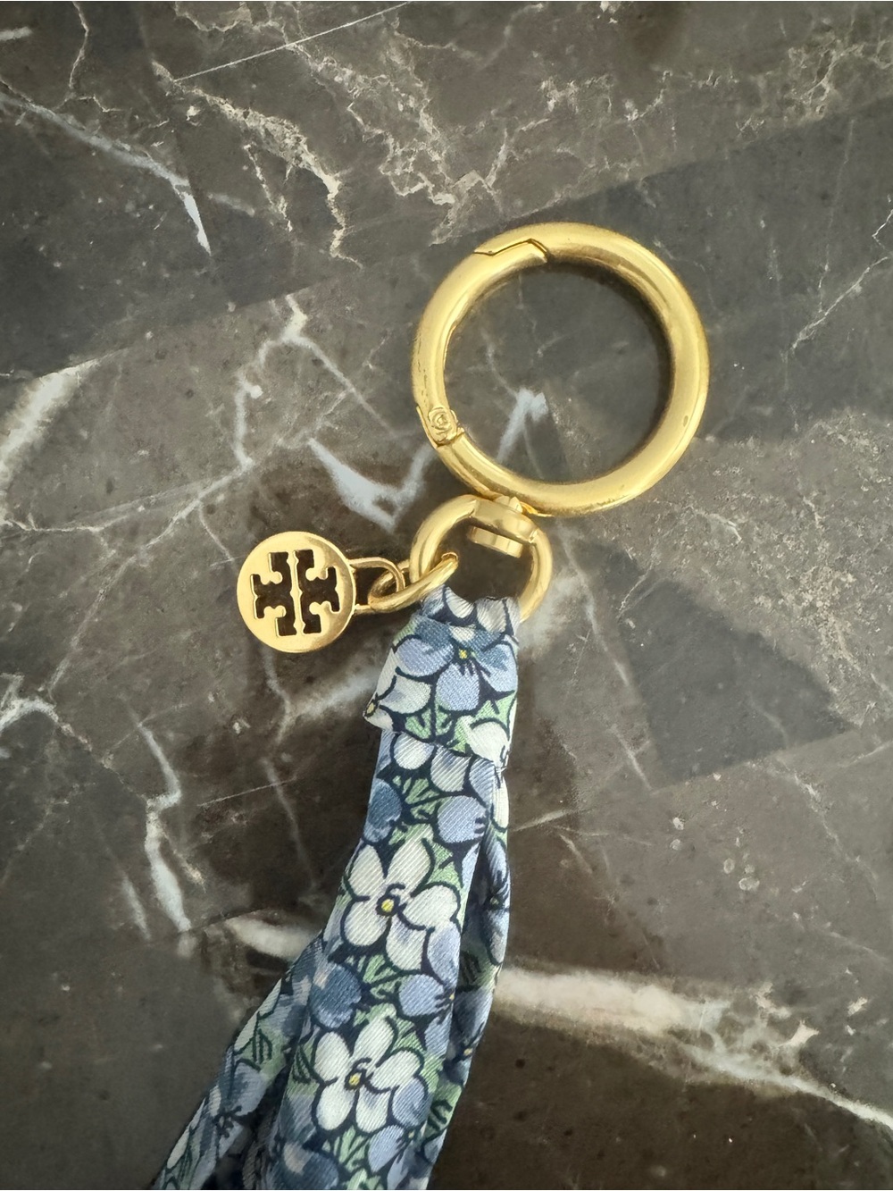 Tory Burch Gold Logo Key Ring with Blue and Light Green Floral Scarf Tie